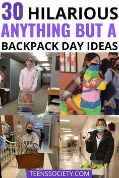 there are many pictures with people wearing masks and holding shopping bags in their hands, while the text reads 30 hilarious anything but a backpack day ideas