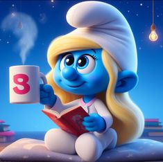 the smurf is reading a book and holding a cup