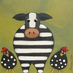 an acrylic painting of a cow with two chickens on it's back