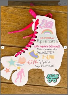 this is a skateboard birthday party ticket for someone's 30th birthday with roller skates on it