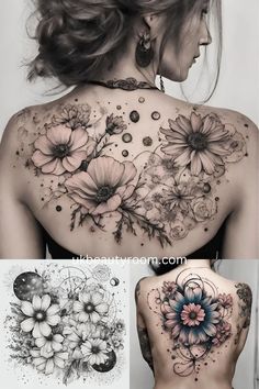 the back of a woman's shoulder with flowers on it and an image of her tattoo