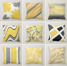 nine different yellow and grey pillows with bicycles on them, all in squares or rectangles