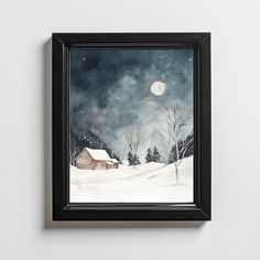 a painting of a snowy night with a barn and trees in the foreground is framed on a wall