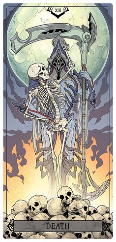 the skeleton tarot card with two skeletons holding swords and skulls in front of a full moon