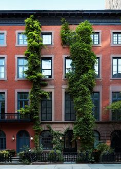 an apartment building with ivy growing on it's side