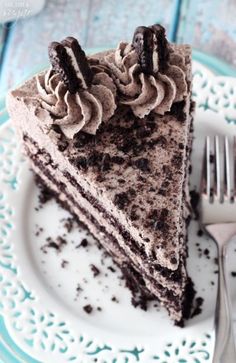 a slice of chocolate cake on a plate with a fork