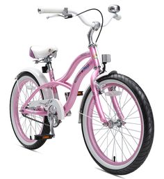 a pink and white bicycle is shown against a white background