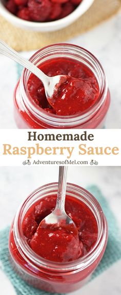 homemade raspberry sauce in jars with spoons