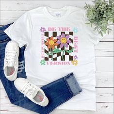 Be the Best Version of Yourself Shirt Retro Shirt Vintage - Etsy Checkerboard Background, Happy Daisy, Best Version Of Yourself, Trendy Shirts, Retro Shirts, Inspirational Message, Be The Best, Vintage Vibes, Retro Inspired