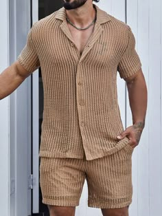 Men Solid Button Up Shirt & Shorts Khaki Casual    Plain  Medium Stretch  Men Clothing, size features are:Bust: ,Length: ,Sleeve Length: American Street Fashion, Rave Outfits Men, Vacation Outfits Men, Outfits Paris, Festival Outfits Men, Outfits Pastel, Mens Summer Outfits, Drawstring Waist Shorts, Cool Outfits For Men