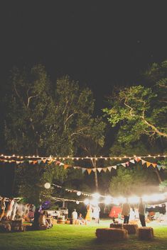 an image of people standing in the grass at night with lights strung from above them