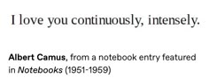 an email message with the caption i love you continuously, intensely albert camus, from a notebook entry featured in notebooks 1915 - 1950