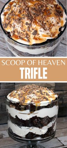 Collage of closeup overhead shot of scoop of Heaven trifle at top and dish full of trifle at bottom. Toffee Trifle, Heath Candy Bar, Devil's Food Cake, Devils Food Cake Mix Recipe, Toffee Bits, Chocolate Toffee, Traditional Cakes, Food Cake