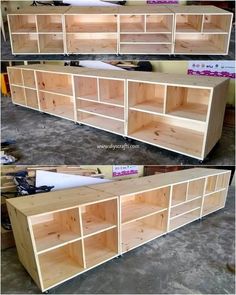 two pictures of the same sideboard with different sections in each section, and one is made out of plywood