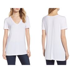 Halogen White Tencel V-Neck Tee Tunic T-Shirt Ha366947mi. Size Medium. New With Tags. Description: Super Soft Modal Knit, V-Neck, Short Sleeves, Side Slits. A V-Neck T-Shirt Cut From A Supersoft Modal Knit That Falls To A Hip-Covering Length To Show Its Versatility. Materials: 95% Tencel Modal, 5% Spandex. Tencel Modal Is A Sustainably Produced Fiber Made With Closed-Loop Processing And Is Certified With The Eu Ecolabel As Having A Low Environmental Impact Throughout The Entire Lifecycle. Measur White Cotton V-neck Top For Everyday, White Cotton Short Sleeve V-neck Top, White V-neck T-shirt For Everyday, White Relaxed Fit V-neck Top, White V-neck Casual Top, Casual White V-neck Top, Basic White V-neck T-shirt, Relaxed Fit V-neck T-shirt For Layering, White Cotton V-neck Top With Short Sleeves