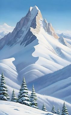 a painting of snow covered mountains and trees