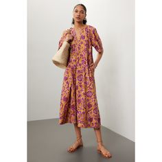 Multicolored floral. (100% Cotton). Casual dress. 3/4 sleeves. Pull-on closure. 48.5" from shoulder to hemline. Imported. Cotton Casual Dress, Brooklyn Dress, Simple Tote, Rent The Runway, Vanessa Bruno, Closet Designs, Orange And Purple, Strappy Sandals, Brooklyn