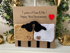 Handmade knitted wool anniversary, date night or just because love cards that will also make a really special occasion keepsake. Made to order so all cards are ewe-nique! Card size is approx 15cm square in either white or kraft brown with matching envelope and they are blank inside for your own message. The front greeting can be personalised and any of the wool colors and greetings can be mixed and matched plus I have a large choice of wool colours available so please message to request a particular colour or greeting combination to really make the card your own.  Thanks for for checking out my shop. Wool Colours, Wedding Anniversary Cards, Wedding Keepsakes, E Card, Engagement Anniversary, Love Cards