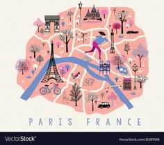 the map of paris, france with famous landmarks and symbols in pink colors on a white background