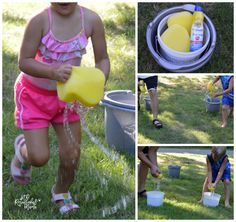 a collage of photos showing children playing in the grass with buckets and water