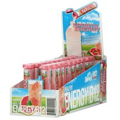 the energy bar display is full of fruit and watermelon flavored popsicles