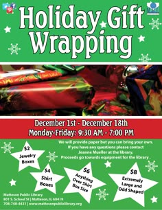 the holiday gift wrapping flyer is shown with stars and snowflakes on green background