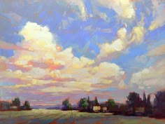 an oil painting of clouds in the sky over a field with houses and trees on it