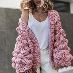 WickedAF Pink Caitlin Puff Sleeves Hand Knit Cardigan White Crop Sweater, Hand Knit Cardigan, Bodycon Outfits, Chunky Cardigan, Backless Maxi Dresses, Long Sleeve Knit Sweaters, Cardigan Women, Warm Coat, Cool Sweaters