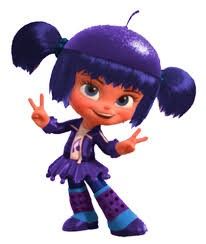 a cartoon character with blue hair and purple clothes, making the peace sign while standing in front of a white background