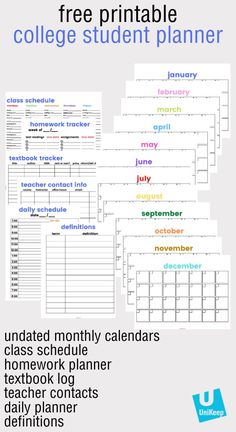 the ultimate college student planner printable is shown in three different colors and font options