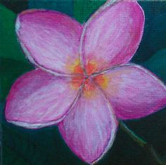 a painting of a pink flower with green leaves