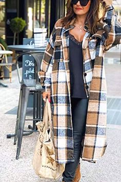 Omoone Women's Lounge Lapel Button Up Long Sleeve Plaid Long Shirt Jacket Shacket Plaid Cardigan, Plaid Coat, Loose Outfit, Woolen Coat, Long Sleeve Plaid, Plaid Jacket, Fashion Pattern, Wool Plaid, Long Shirt