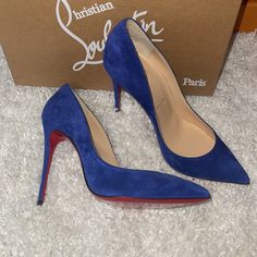 Brand New, Never Worn Christina Louboutin Pigalle Follies Size 37 Blue Velvet (Atlantic Color) Comes With Original Box And Dust Bag Louboutin Cinderella Shoes, Christian Louboutin Pigalle 100, Blue Christian Louboutin Heels, Luxury Fitted Blue Heels, Luxury Blue Heels, Electric Blue Shoes, Louboutin Spiked Heels, Christian Louboutin Kate 100, Louboutin Wedges