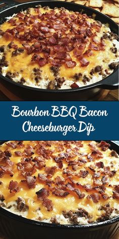 two photos of bacon cheeseburger dip in a cast iron skillet with text overlay