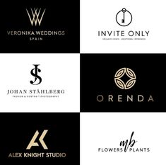 six different logos designed for wedding and event planning company, in black and white colors