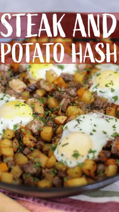 steak and potato hashbrowns with eggs on top in a skillet text overlay