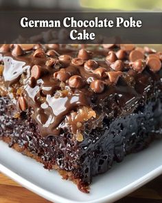 german chocolate poke cake on a white plate