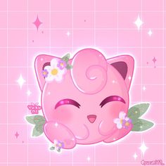 a pink cat with flowers on it's head and stars in the sky above