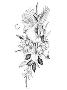 a black and white drawing of a bird on flowers