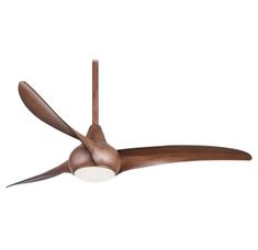 a ceiling fan that is brown and has two blades on the blades, with a white light