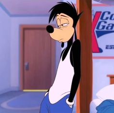 an animated cartoon character leaning up against a wall in a room with a coca cola sign on the wall