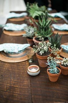 the table is set with succulents and place settings for two people to sit at