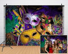 a group of masquerades and masks on a white background with black stands