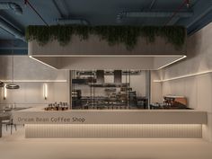 the interior of a coffee shop with plants growing on the ceiling