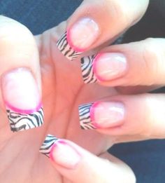 Zebra Duck Nails, Zebra Print Nails Designs, Short Y2k Nails, 2000s Nails, Animal Nail Designs, Pink Tip Nails, Pink Zebra Print