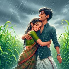 a man and woman hugging in the rain under an overcast sky with corn stalks behind them