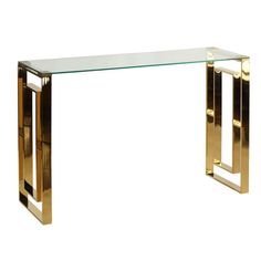 a glass and brass console table with two legs on each side, against a white background