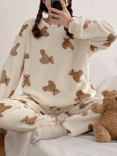 Lovely And Comfortable Women Flannel Material Casual Homewear Set With Bear Pattern Apricot Cute,Cute-Funny,Casual-Young    Animal,Cartoon Pant Sets Non-Stretch Winter Women Sleep & Lounge, size features are:Bust: ,Length: ,Sleeve Length: Mens Night Suit, Pijamas Women, Winter Sleepwear, Cute Pjs, Cute Sleepwear, Cute Pajamas