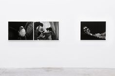 three black and white photographs hanging on the wall