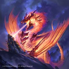 a painting of a fire breathing dragon on top of a mountain